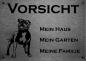 Preview: Edelstahl Warnschild Staffordshire Bullterrier VORSICHT Mein Haus mein Garten meine Familie
